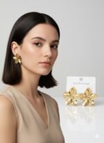 Golden Fleur Textured Stainless Steel Stud Earrings - Image 2