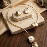Elegant Gold-Tone Mother of Pearl Pendant Necklace & Stud Earrings Set