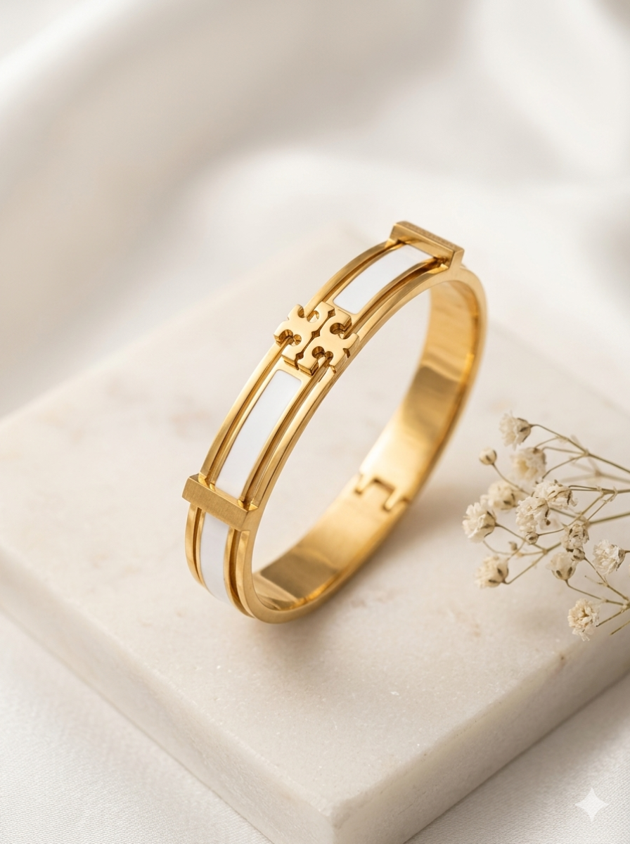 Untitled design (12) Golden Clover Enamel Elegance Bangle - Image 1