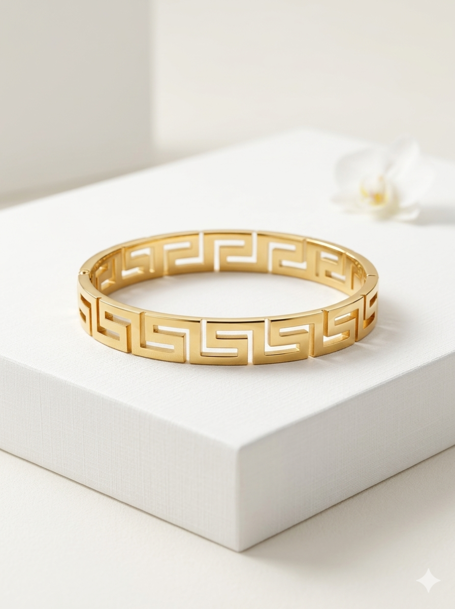 Untitled design (15) Golden Greek Key Luxe Bangle - Image 1
