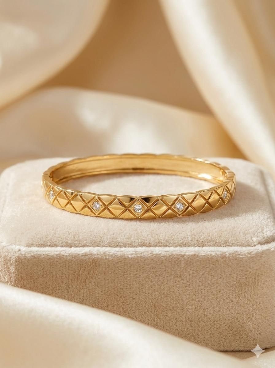 Untitled design - 2026-03-12T115752.038 Luxury Gold Textured Bangle with Diamond Accents - Image 1