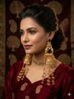 Traditional Gold Plated Jhumka Earrings for Women – Black Stone & Pearl Bridal Long Earrings - Image 2