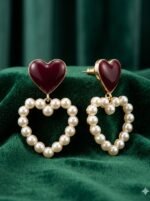 Elegant Red Heart Pearl Drop Earrings for Women – Romantic Gold Tone Fashion Jewelry