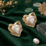 Golden Heart Pearl Stud Earrings
