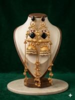 Traditional Gold Plated Jhumka Earrings for Women – Black Stone & Pearl Bridal Long Earrings